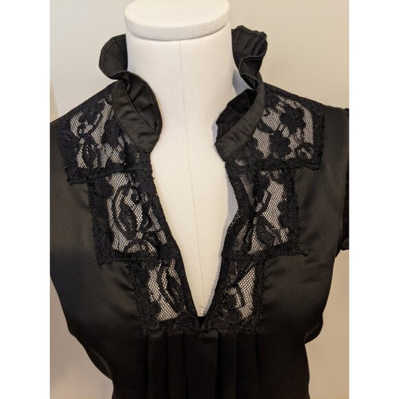 Vintage Y2K Black Lace Satin Blouse Witchy Whimsygoth Vamp V Neck Sz M - Picture 3 of 8